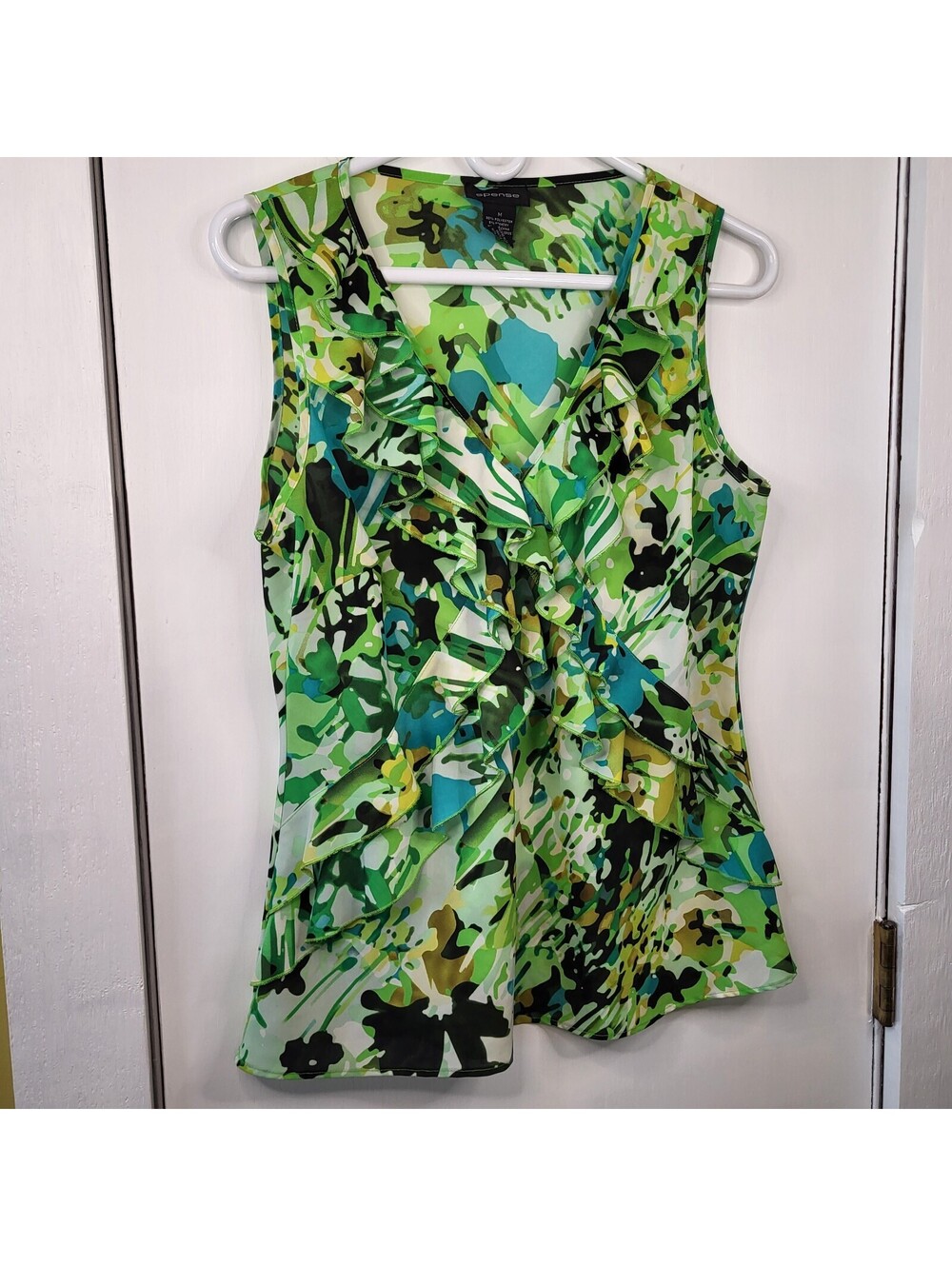 Spence sleeveless blouse vibrant green & blue abstract cascading ruffled front